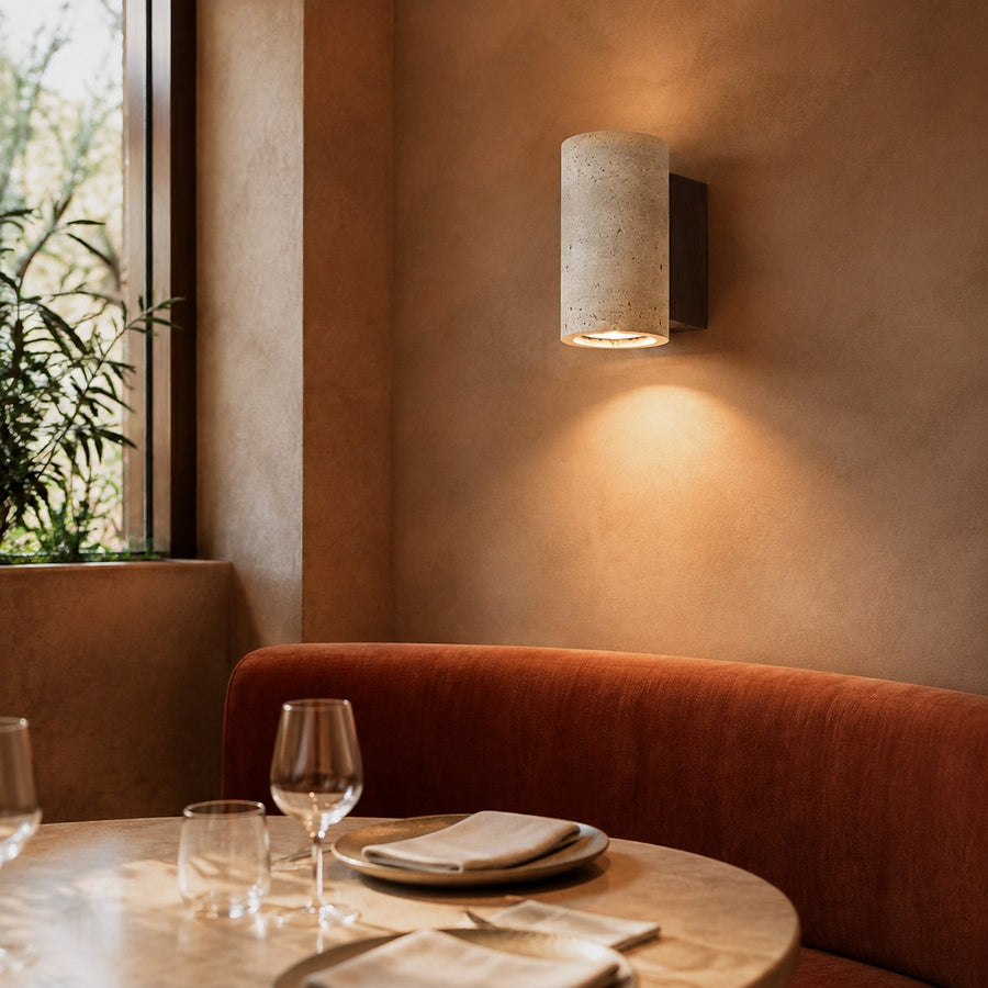 Travertine Wall Light BD041 — AI-styled room illustration