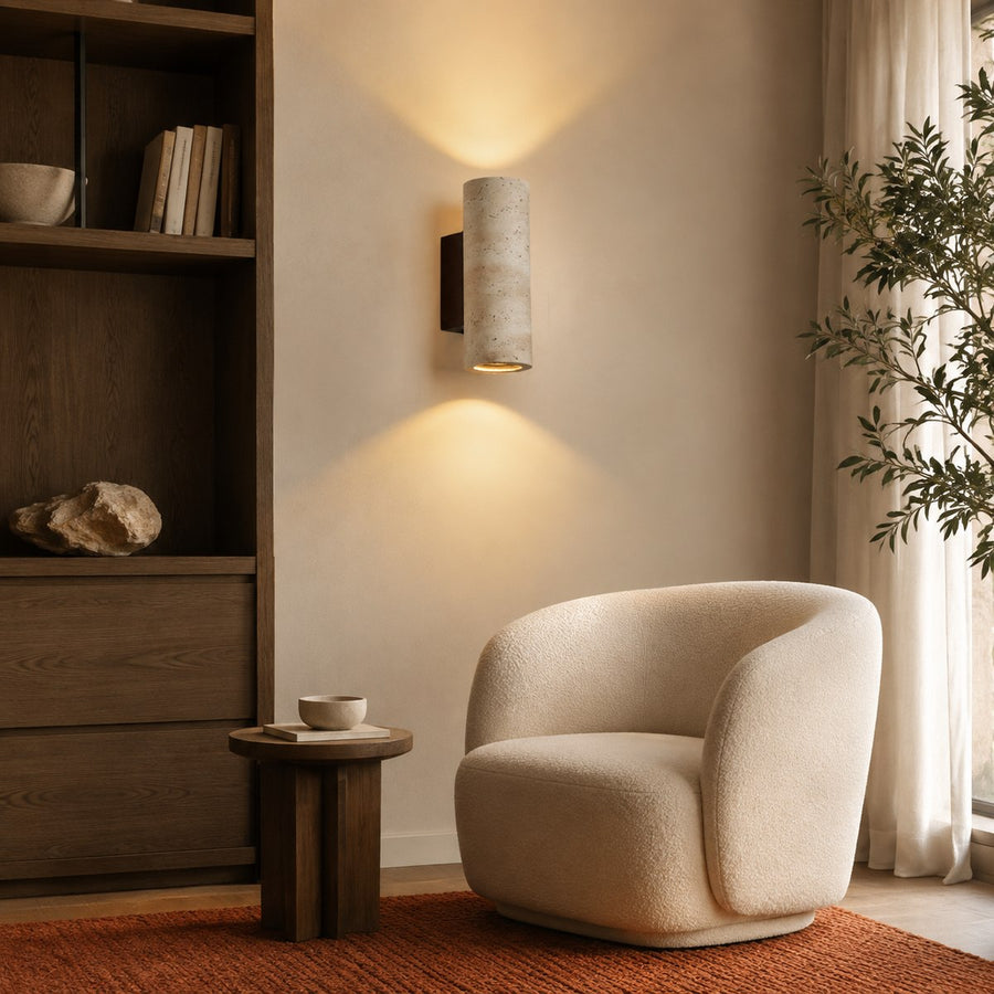 Travertine Wall Light BD043 — AI-styled room illustration