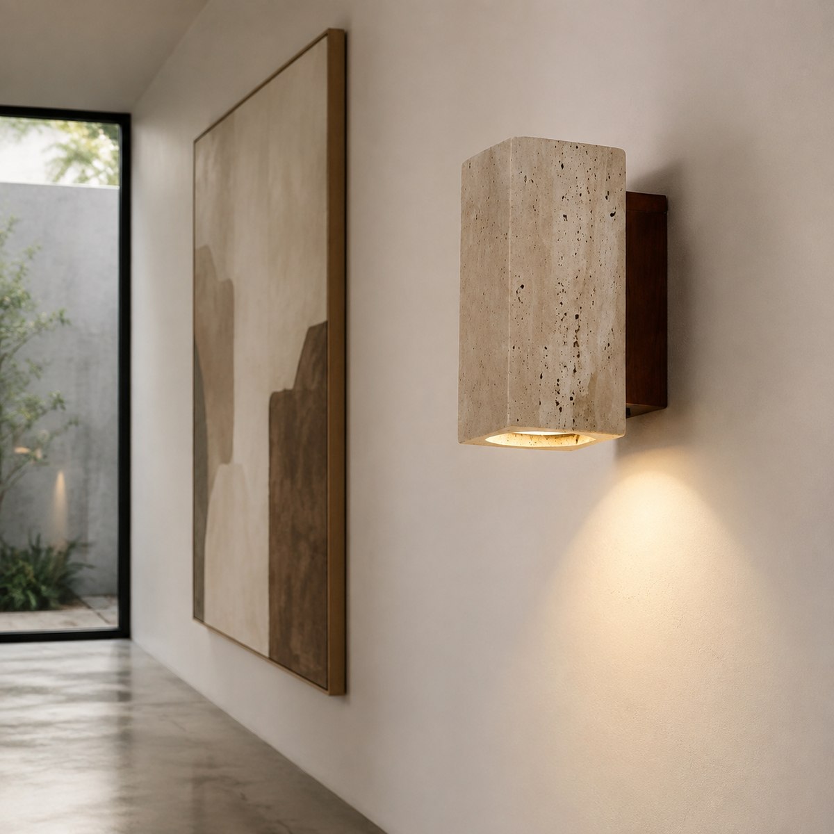 Travertine Wall Light BD045 — AI-styled room illustration