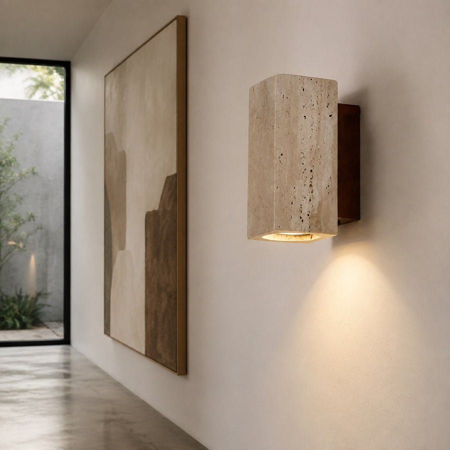 Travertine Wall Light BD045 — AI-styled room illustration