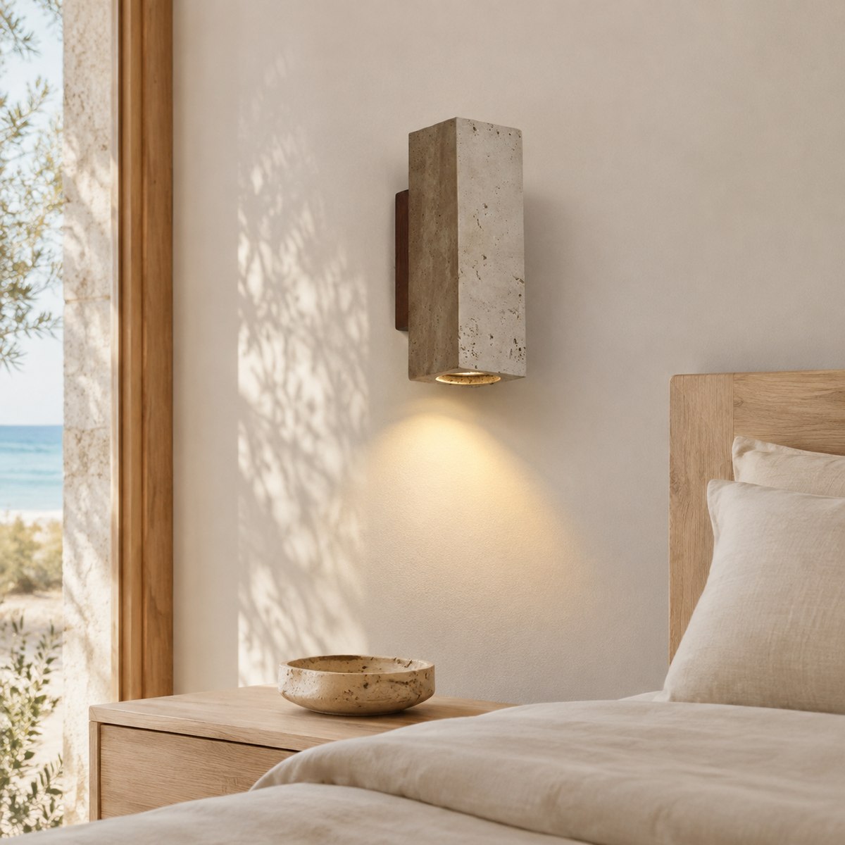 Travertine Wall Light BD046 — AI-styled room illustration