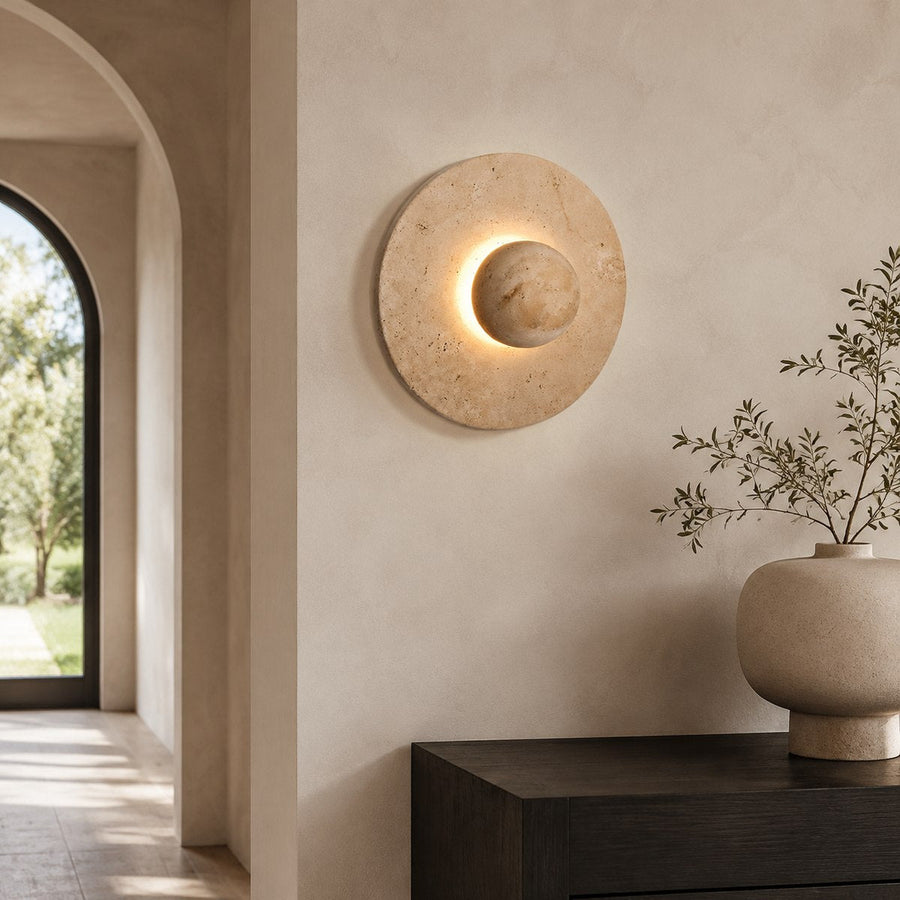 Travertine Wall Light BD048 — AI-styled room illustration